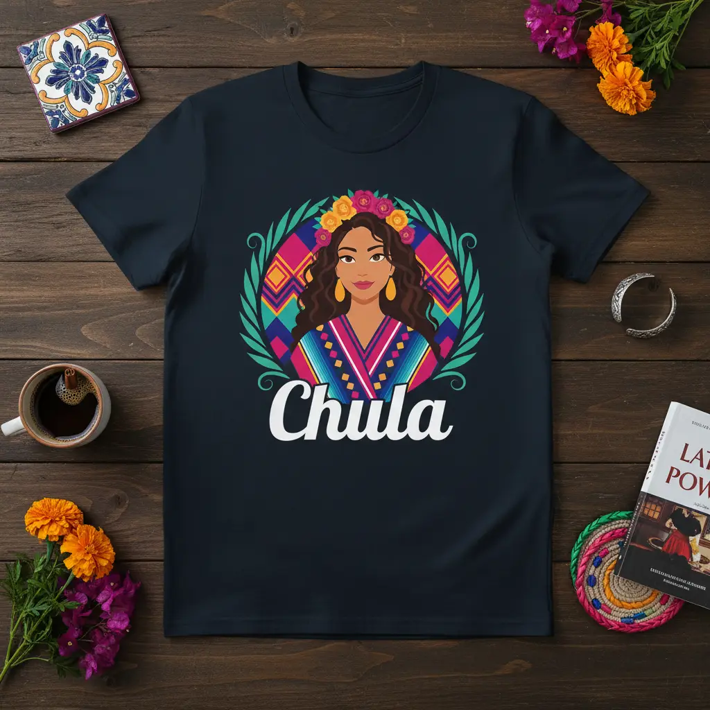 Chula text design celebrating Latina pride, featuring a woman with a floral crown and serape-inspired top