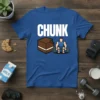 Blue t-shirt with the word CHUNK above a graphic of a chocolate cake slice and a weightlifter lifting weights