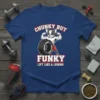 Chunky But Funky Lift Like A Legend T-Shirt featuring a muscular cartoon dog flexing with a tire, motivational gym quote