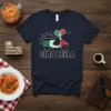 Navy t-shirt with "Ciao Bella" text and a cartoon Italian flag scooter graphic, featuring musical notes and hearts