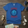 Blue t-shirt with "Ciao Ciao" in red text and three blue fish inside a dark circle