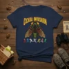 Cicada Invasion t-shirt design with a large green cicada and colorful running figures below