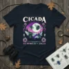 Cicada Invasion Summer 2024 t-shirt design with vintage-style cicadas, moon, and floral border