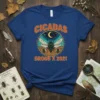 Cicadas Brood X 2021 t-shirt design featuring a large cicada illustration with moon and stars, text "Cicadas" and "Brood X