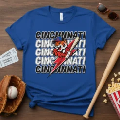 Cincinnati Baseball Tiger T-Shirt design with a roaring tiger mascot swinging a baseball bat with lightning bolt graphic