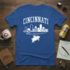 Cincinnati Skyline Flying Pig stylish graphic design printed on comfortable cotton t-shirt