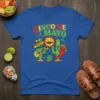 Cinco De Mayo t-shirt with colorful text, smiling sun, guitar-playing cactus, and maraca-shaking chili pepper characters