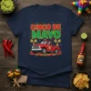 Cinco de Mayo t-shirt design with a red pickup truck, maracas, chili peppers, and confetti