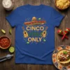 Cinco Vibes Only text with sombrero, guitars, and limes on a blue t-shirt for Cinco de Mayo celebration