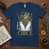 Circe t-shirt design with mythological goddess, two white wolves, and celestial elements