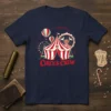 Circus Crew t-shirt design featuring a red and white striped circus tent, Ferris wheel, hot air balloons, and carousel horses