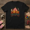 CIRCUS Under the Big Top! text design with clown, circus tent, and unicyclist graphic on a black t-shirt