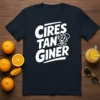 Cires Tan Giner text with a cartoon character on a navy blue t-shirt, featuring oranges and juice