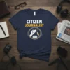 Navy t-shirt with "Citizen Journalist" text and a circular graphic showing a hand holding a phone, a microphone, and an