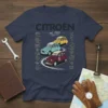 Navy blue t-shirt featuring the Citroën est. 1919 La Petite Force Tranquille design with three classic cars and technical diagrams
