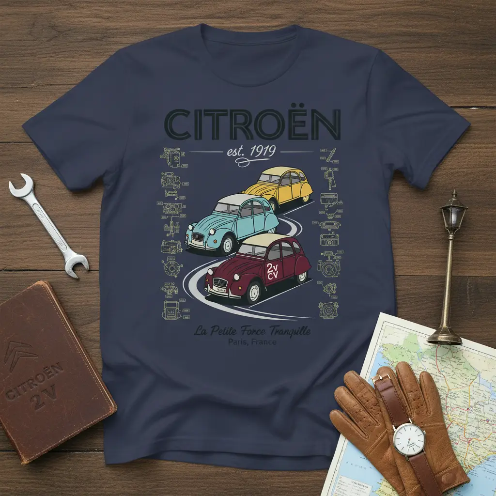 Citroën est. 1919 La Petite Force Tranquille design on a navy t-shirt, featuring three classic cars and schematics