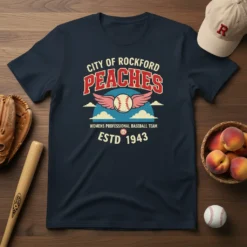 Navy t-shirt featuring "City of Rockford Peaches Womens Professional Baseball Team Estd 1943" text with winged baseball graphic