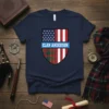 Clan Anderson t-shirt featuring a shield design with American flag and tartan pattern