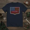 Clan Campbell t-shirt featuring a shield design with the American flag above Campbell tartan, for Scottish heritage pride