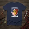 Clan Macdonald T-Shirt featuring a shield with the American flag and tartan, a lion rampant, and the text "Clan Macdonald"