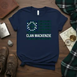 Navy blue t-shirt featuring a tartan flag design with stars and "Clan Mackenzie" text in white