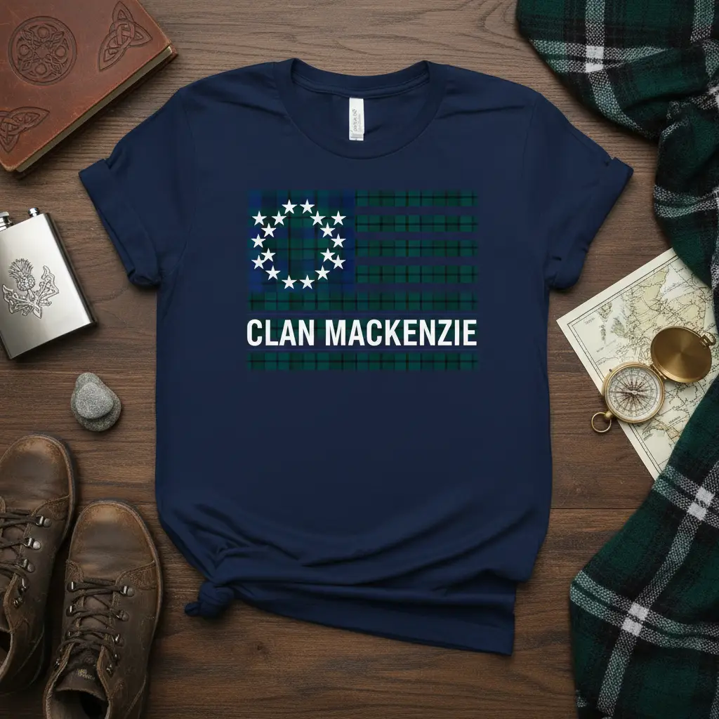 Clan Mackenzie tartan flag design on a navy blue t-shirt, featuring white stars and text