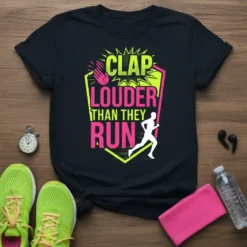 T-shirt with "CLAP LOUDER THAN THEY RUN" text, a running silhouette, and vibrant neon graphics
