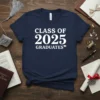 Class of 2025 Graduates text in white on a navy blue t-shirt, featuring a graduation cap graphic