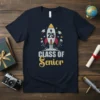 Class of 2025 Senior t-shirt with a rocket ship launching, graduation caps, and stars. Features the text "CLASS OF Senior