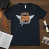 Class of 2026 Senior text with wings and laurel wreath graphic on a navy blue t-shirt