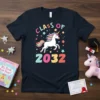 Class of 2032 t-shirt with a colorful unicorn and stars graphic, perfect for future graduates