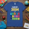 Class of 2034 t-shirt with colorful lockers, rocket, and grade levels K through 8th grade