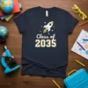Class of 2035 t-shirt with a white rocket and stars graphic