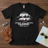 CLASSIC Motorsports text with a retro sports car driving through mountains, vintage car enthusiast t-shirt design