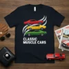 Classic Muscle Cars T-Shirt design featuring three vintage muscle cars in red, yellow, and green