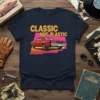 Classic Not Plastic text with a red vintage muscle car on a navy t-shirt