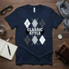 Navy t-shirt with a bold white and black "CLASSIC STYLE" text set against a grey, white, and black argyle diamond
