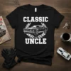 Classic Uncle T-Shirt design with bold white typography and a vintage car graphic surrounded by laurel leaves