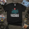 Black t-shirt with "CLASSICALLY TRAINED" text and a retro joystick graphic, representing classic gamer pride