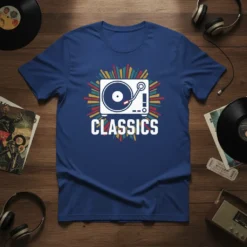 T-shirt with the word CLASSICS in bold white font below a white graphic of a record player, surrounded by colorful