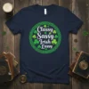 Classy Sassy Irish Lassie text design with shamrocks and Celtic knot border on a navy t-shirt