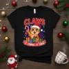 Christmas cat wearing Santa hat holding candy cane and gifts, with text "Claws Is Coming To Town" on a black