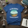 Clean Energy Powering Tomorrow t-shirt with a wind turbine graphic in a circular landscape, white text on blue shirt
