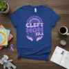 Cleft Mom Era t-shirt design with purple rainbow, hearts, and hands holding swirls