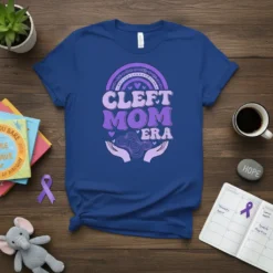 Cleft Mom Era t-shirt design with purple rainbow, hearts, and hands holding swirls