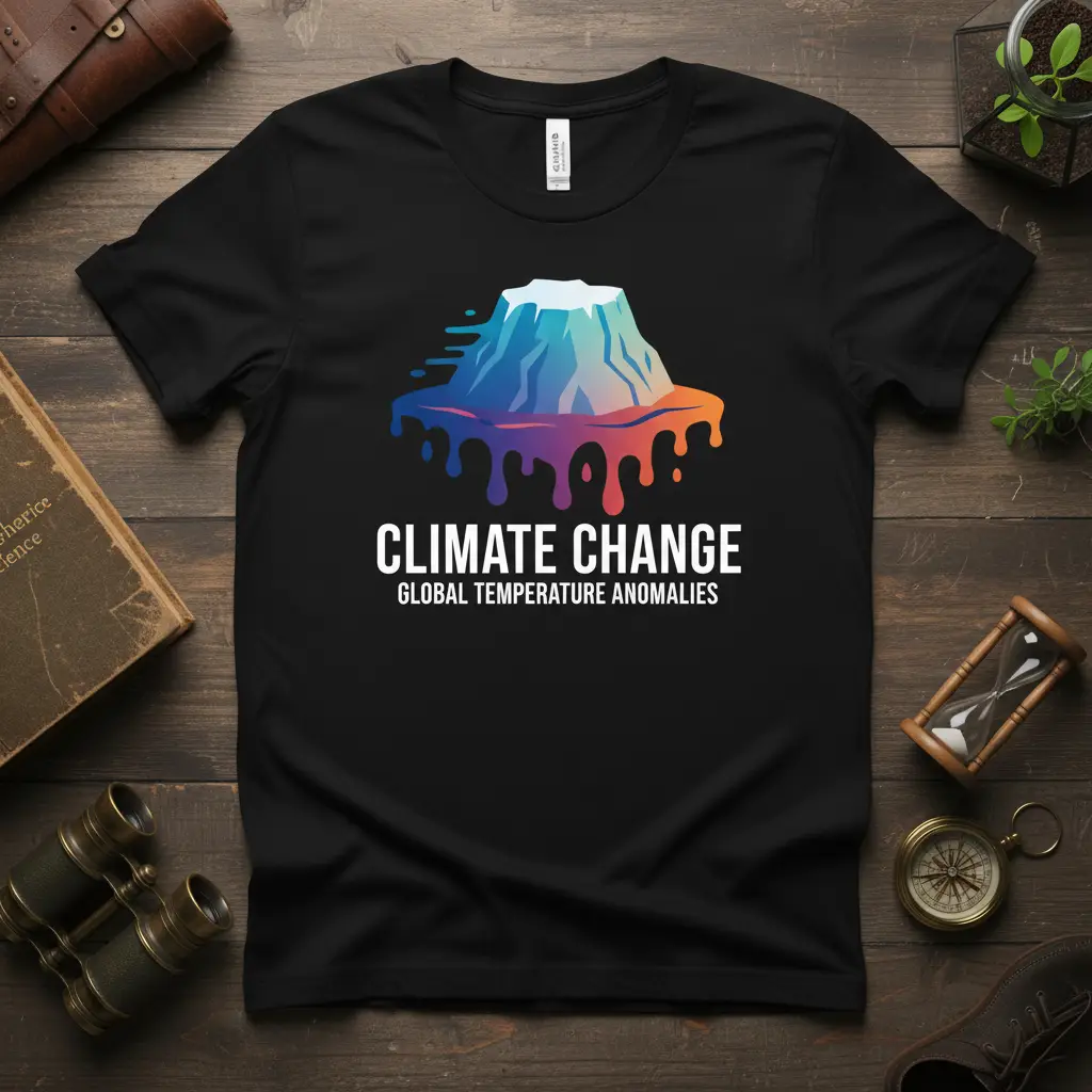 Climate Change Global Temperature Anomalies text with melting iceberg graphic on black tee