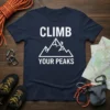 CLIMB YOUR PEAKS t-shirt design with a silhouette of a climber on a mountain peak