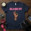 Clock It! text with a stopwatch graphic and an OK hand gesture on a navy t-shirt, fitness motivation design