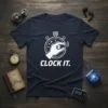 Clock It. quote on a navy t-shirt with a stopwatch graphic and a hand pressing a button