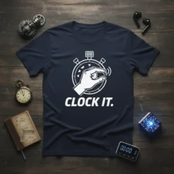 Clock It. quote on a navy t-shirt with a stopwatch graphic and a hand pressing a button